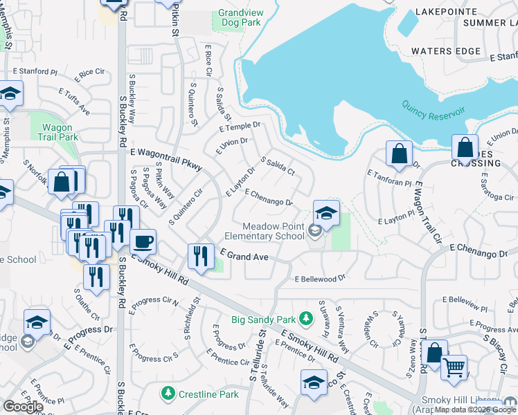 map of restaurants, bars, coffee shops, grocery stores, and more near 17453 East Chenango Drive in Aurora