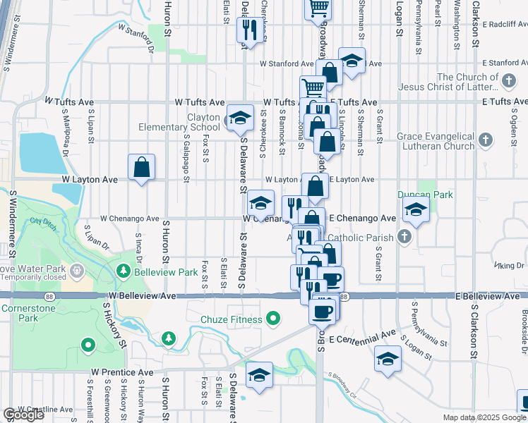 map of restaurants, bars, coffee shops, grocery stores, and more near 4851 South Bannock Street in Englewood