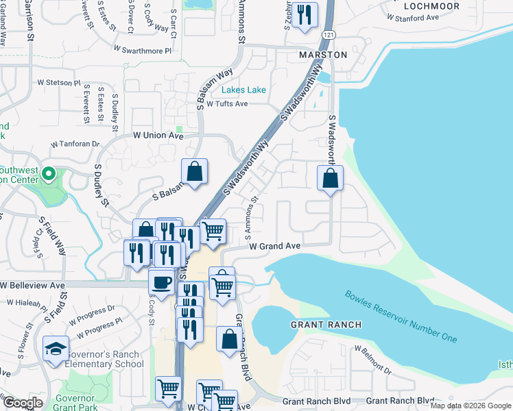 map of restaurants, bars, coffee shops, grocery stores, and more near 4825 South Ammons Street in Denver