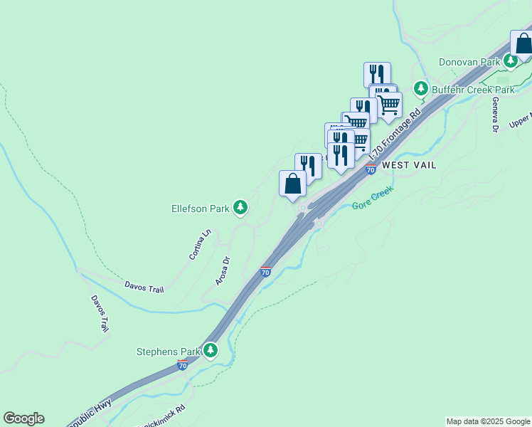 map of restaurants, bars, coffee shops, grocery stores, and more near 2466 Garmisch Drive in Vail