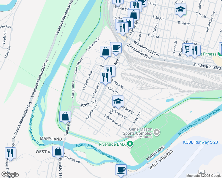 map of restaurants, bars, coffee shops, grocery stores, and more near 29 East Offut Street in Cumberland