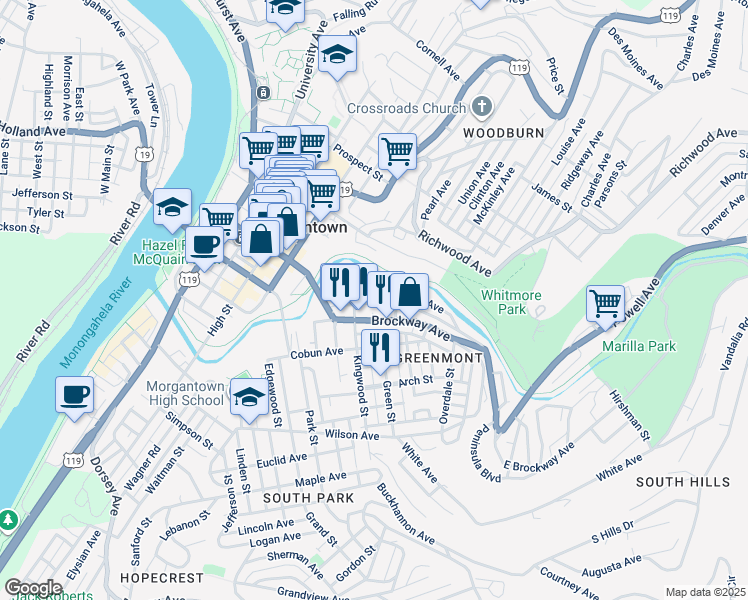 map of restaurants, bars, coffee shops, grocery stores, and more near 55 Kingwood Street in Morgantown
