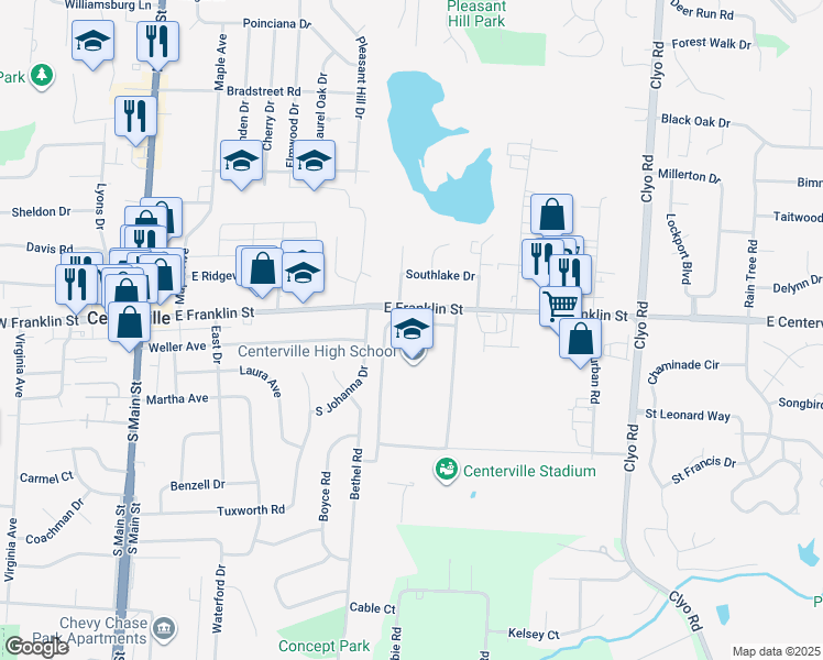 map of restaurants, bars, coffee shops, grocery stores, and more near 500 East Franklin Street in Dayton
