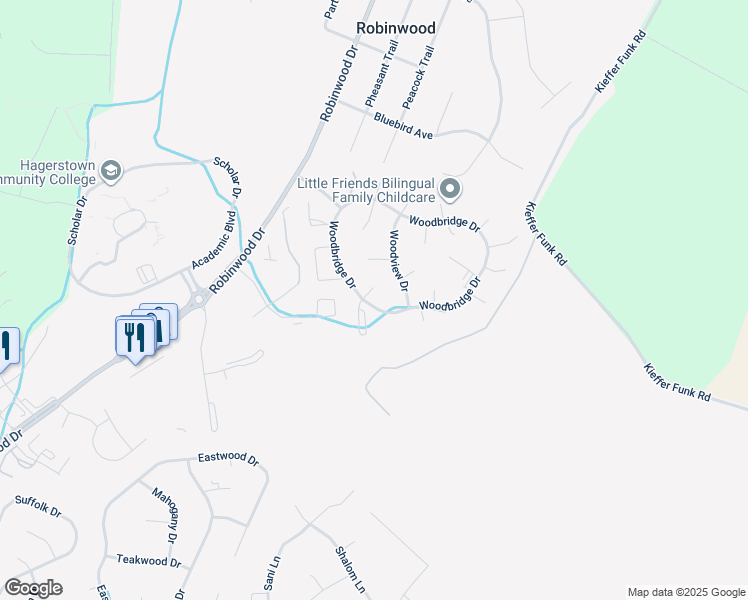 map of restaurants, bars, coffee shops, grocery stores, and more near 20524 Woodbridge Drive in Hagerstown