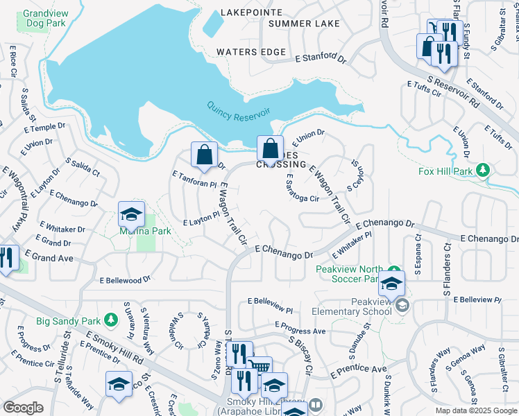 map of restaurants, bars, coffee shops, grocery stores, and more near 4822 South Bahama Way in Aurora