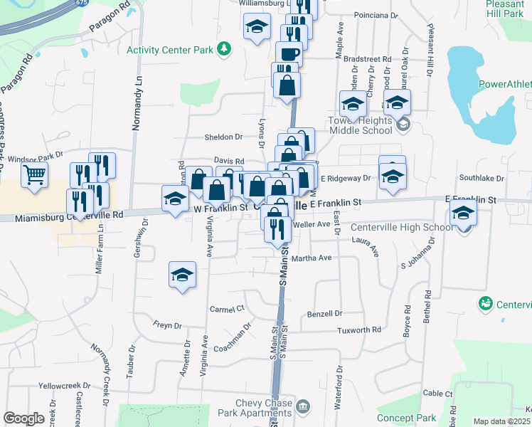 map of restaurants, bars, coffee shops, grocery stores, and more near 43 West Franklin Street in Centerville
