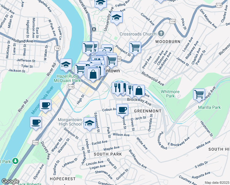 map of restaurants, bars, coffee shops, grocery stores, and more near 7 Pietro Street in Morgantown