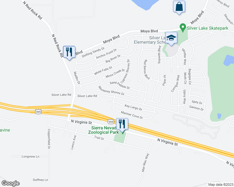 map of restaurants, bars, coffee shops, grocery stores, and more near 7990 Monterey Shores in Reno