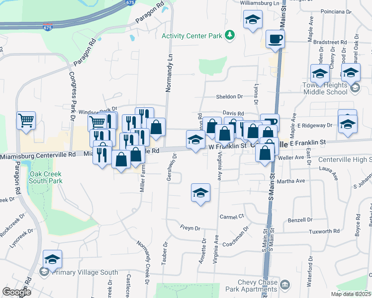map of restaurants, bars, coffee shops, grocery stores, and more near 192 West Franklin Street in Dayton