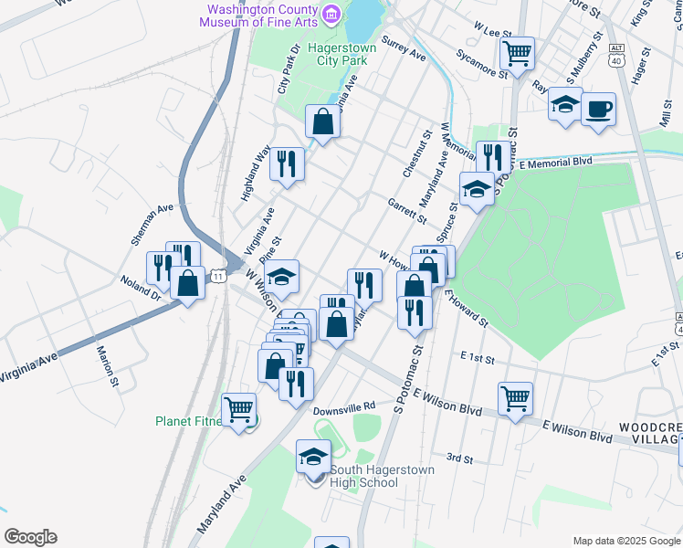 map of restaurants, bars, coffee shops, grocery stores, and more near 837 Chestnut Street in Hagerstown