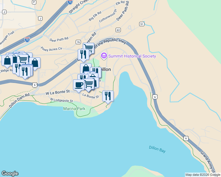 map of restaurants, bars, coffee shops, grocery stores, and more near 240 La Bonte Street in Dillon