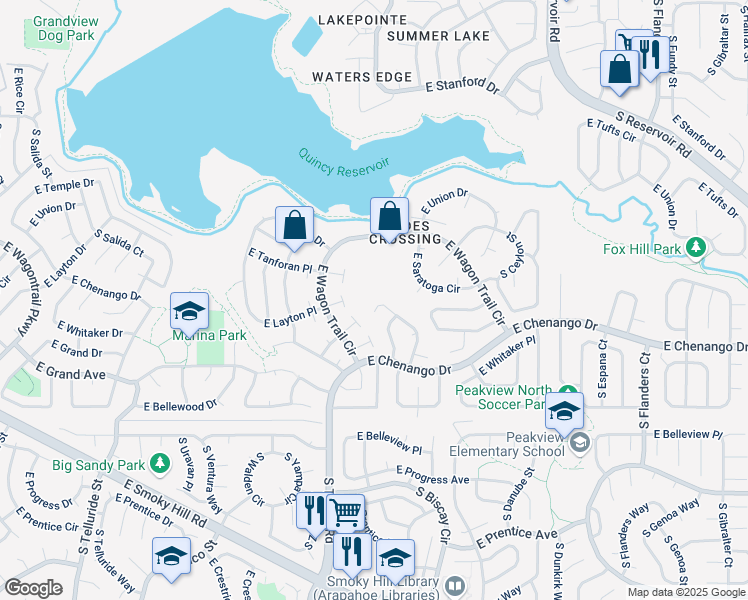 map of restaurants, bars, coffee shops, grocery stores, and more near 4822 South Bahama Way in Aurora