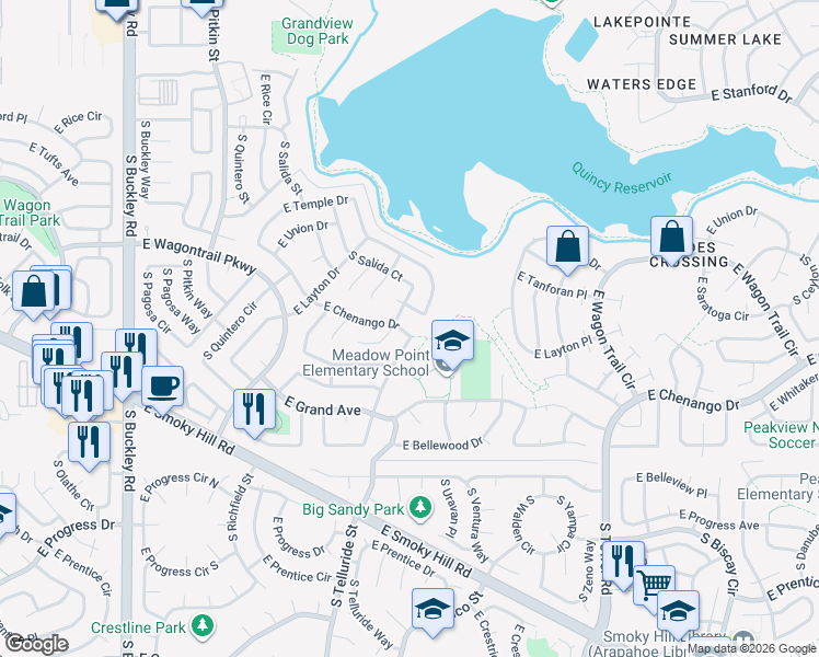 map of restaurants, bars, coffee shops, grocery stores, and more near in Aurora