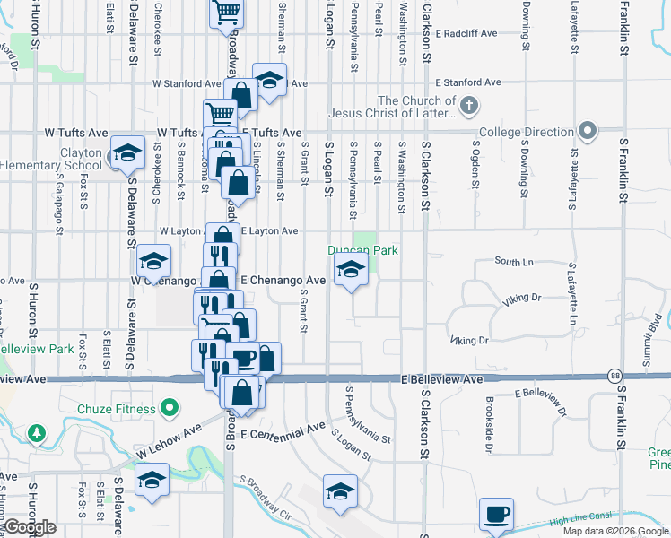 map of restaurants, bars, coffee shops, grocery stores, and more near 4857 South Logan Street in Englewood