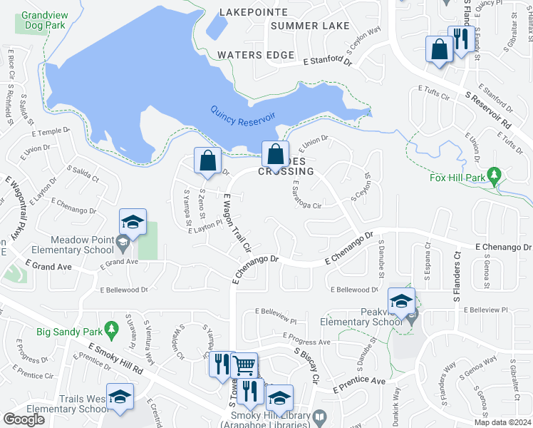 map of restaurants, bars, coffee shops, grocery stores, and more near 4820 South Bahama Way in Aurora