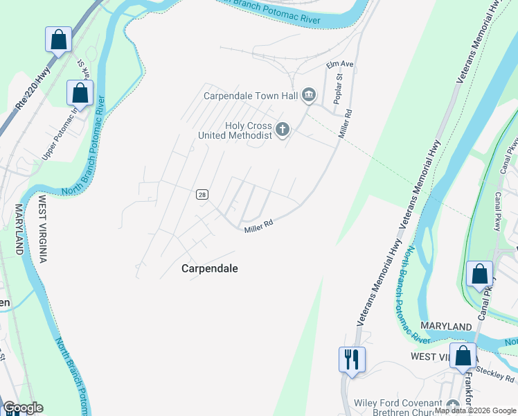 map of restaurants, bars, coffee shops, grocery stores, and more near 108 Washington Street in Ridgeley