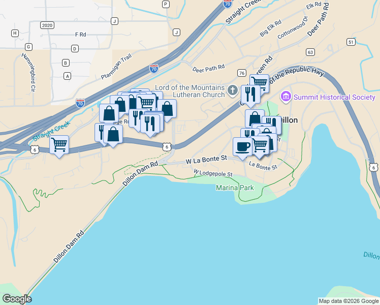 map of restaurants, bars, coffee shops, grocery stores, and more near 336 Red Buffalo Trail in Silverthorne