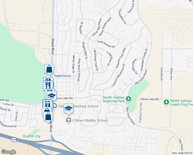 map of restaurants, bars, coffee shops, grocery stores, and more near 9367 Mustang Trail Court in Reno