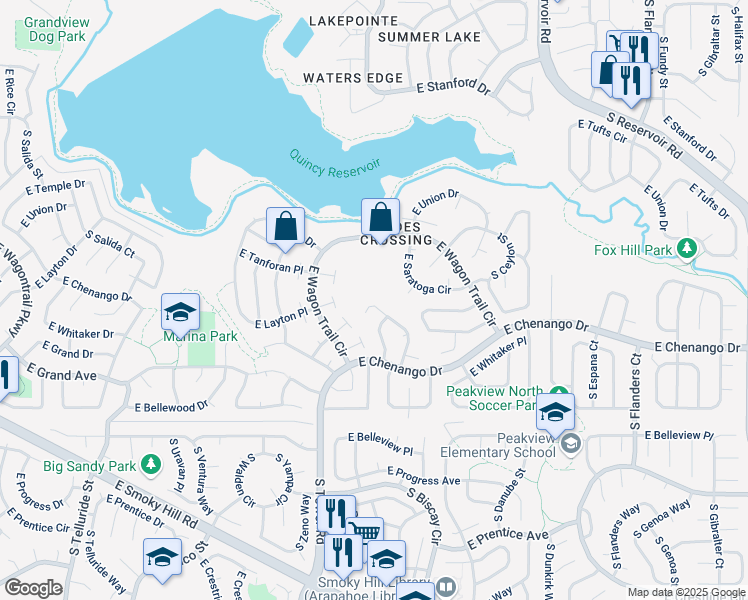 map of restaurants, bars, coffee shops, grocery stores, and more near 4822 South Bahama Way in Aurora