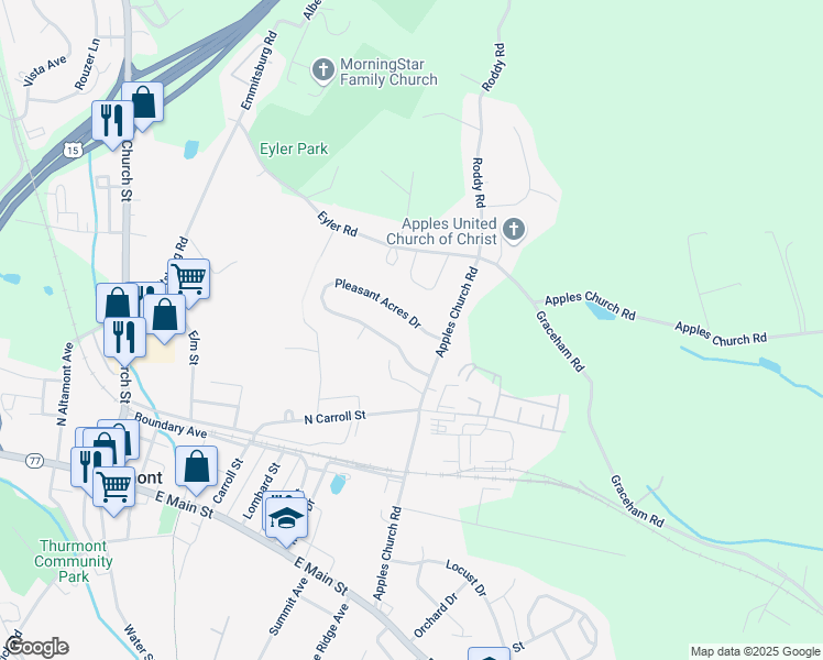 map of restaurants, bars, coffee shops, grocery stores, and more near 68 Pleasant Acres Drive in Thurmont