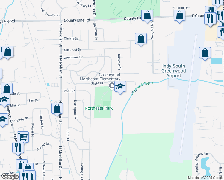 map of restaurants, bars, coffee shops, grocery stores, and more near 99 Crestview Drive in Greenwood