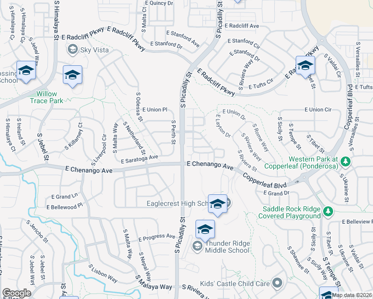map of restaurants, bars, coffee shops, grocery stores, and more near 4819 South Picadilly Court in Aurora