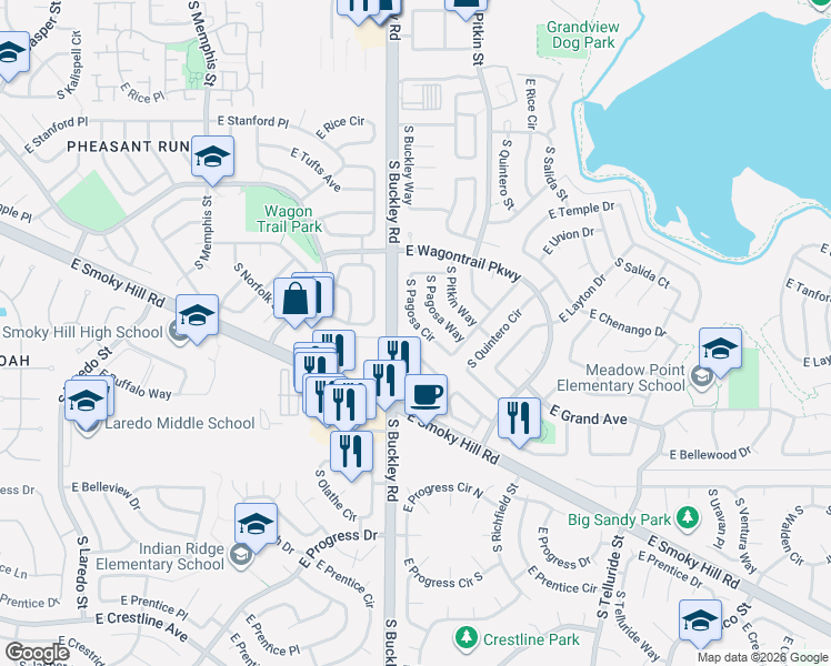 map of restaurants, bars, coffee shops, grocery stores, and more near 4831 South Pagosa Way in Aurora