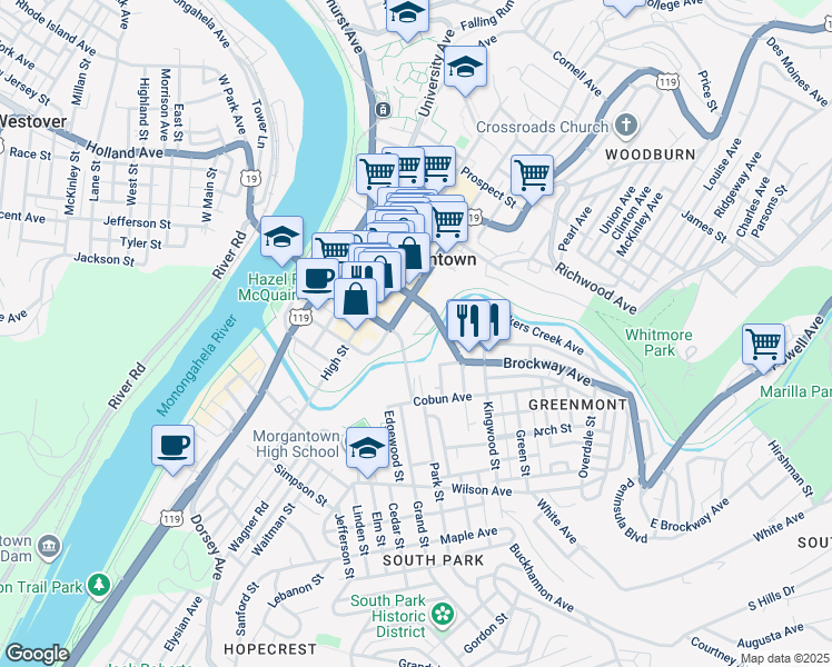 map of restaurants, bars, coffee shops, grocery stores, and more near 276 Walnut Street in Morgantown