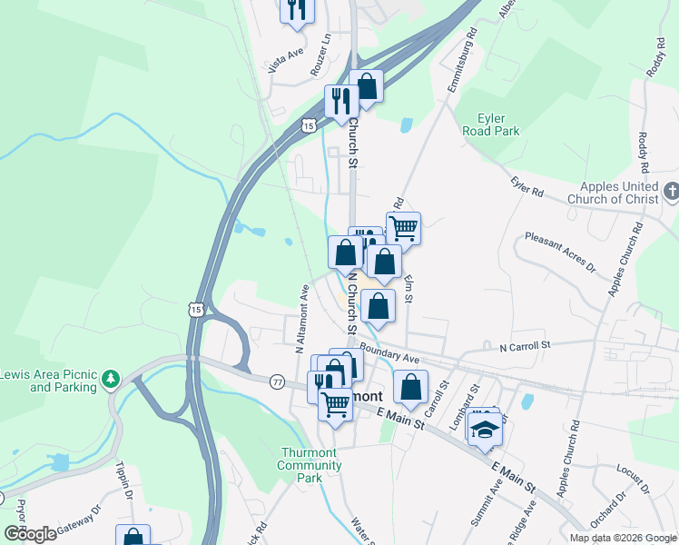 map of restaurants, bars, coffee shops, grocery stores, and more near 210 North Altamont Avenue in Thurmont