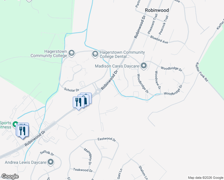 map of restaurants, bars, coffee shops, grocery stores, and more near 20335 Kings Crest Boulevard in Hagerstown