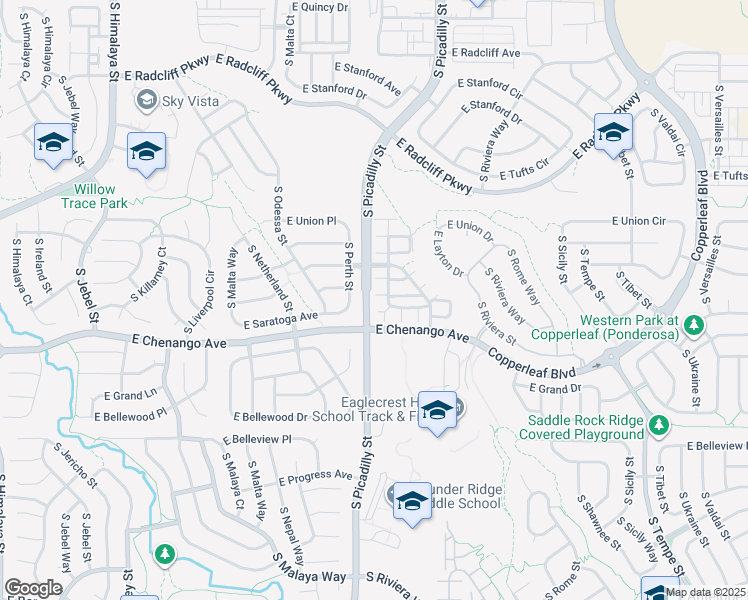 map of restaurants, bars, coffee shops, grocery stores, and more near 4819 South Picadilly Court in Aurora