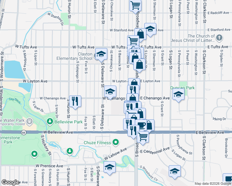 map of restaurants, bars, coffee shops, grocery stores, and more near 4851 South Bannock Street in Englewood