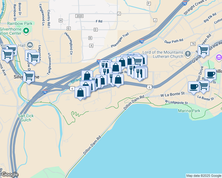 map of restaurants, bars, coffee shops, grocery stores, and more near 708 East Anemone Trail in Silverthorne