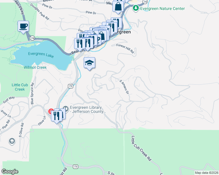 map of restaurants, bars, coffee shops, grocery stores, and more near 4770 Forest Hill Road in Evergreen