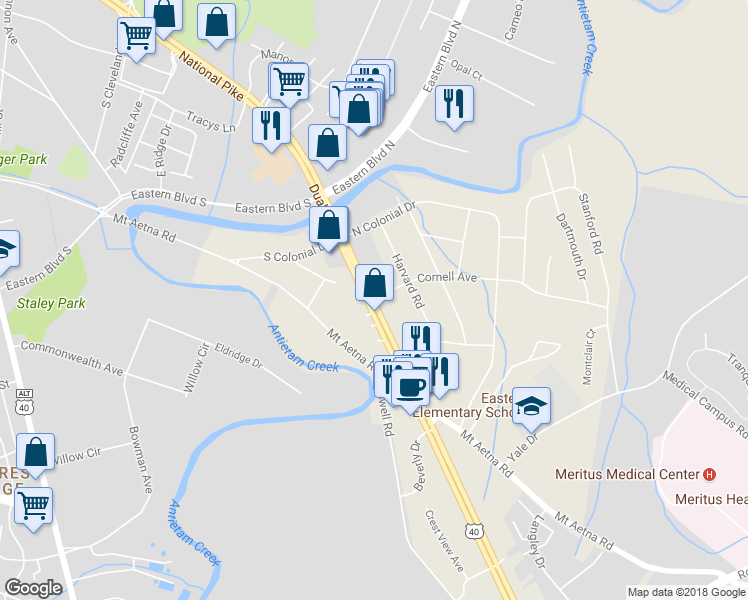 map of restaurants, bars, coffee shops, grocery stores, and more near 1300 National Pike in Hagerstown