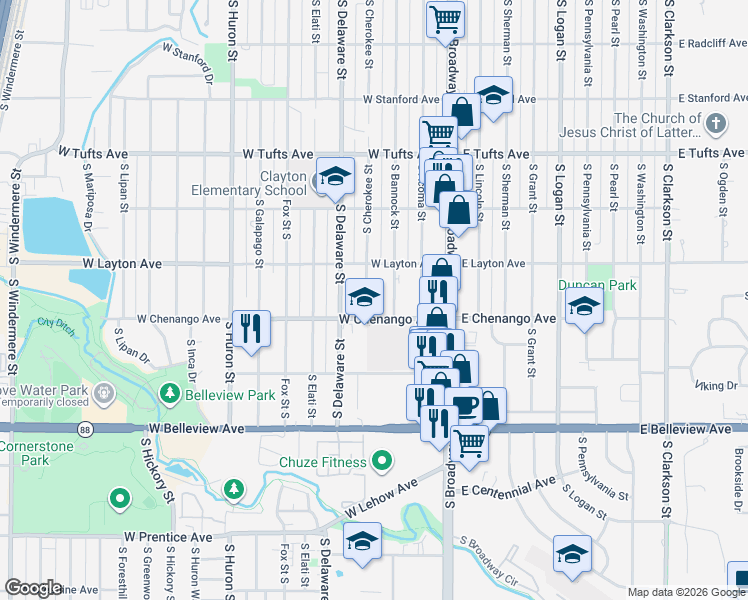 map of restaurants, bars, coffee shops, grocery stores, and more near 4851 South Bannock Street in Englewood