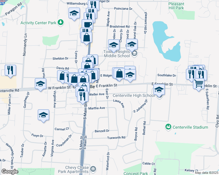 map of restaurants, bars, coffee shops, grocery stores, and more near in Centerville