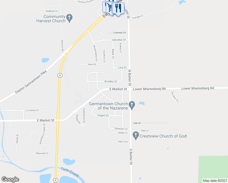 map of restaurants, bars, coffee shops, grocery stores, and more near 1431 East Market Street in Germantown
