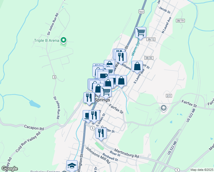 map of restaurants, bars, coffee shops, grocery stores, and more near 110 North Washington Street in Berkeley Springs