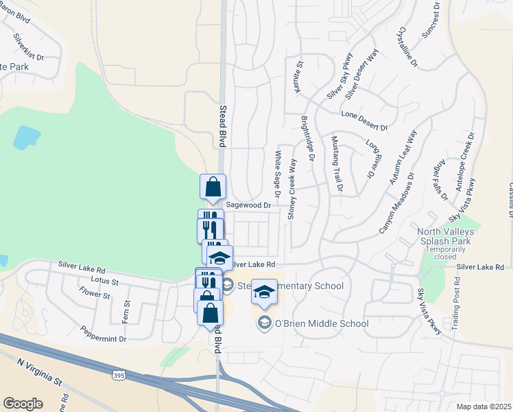 map of restaurants, bars, coffee shops, grocery stores, and more near 10055 Sagewood Drive in Reno
