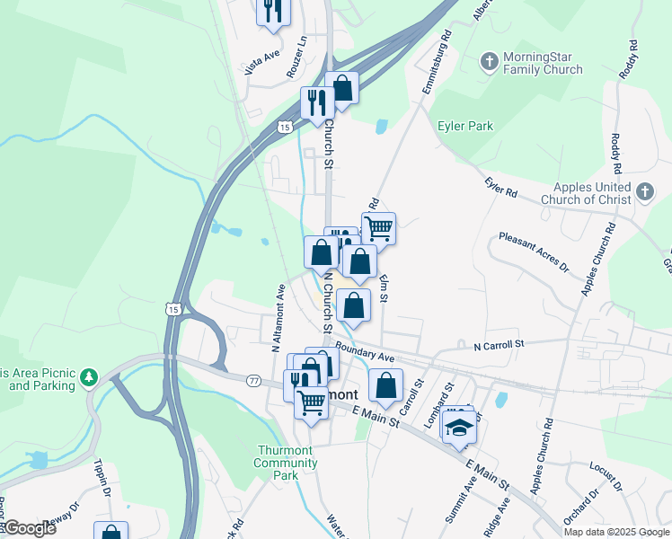 map of restaurants, bars, coffee shops, grocery stores, and more near 228 North Church Street in Thurmont