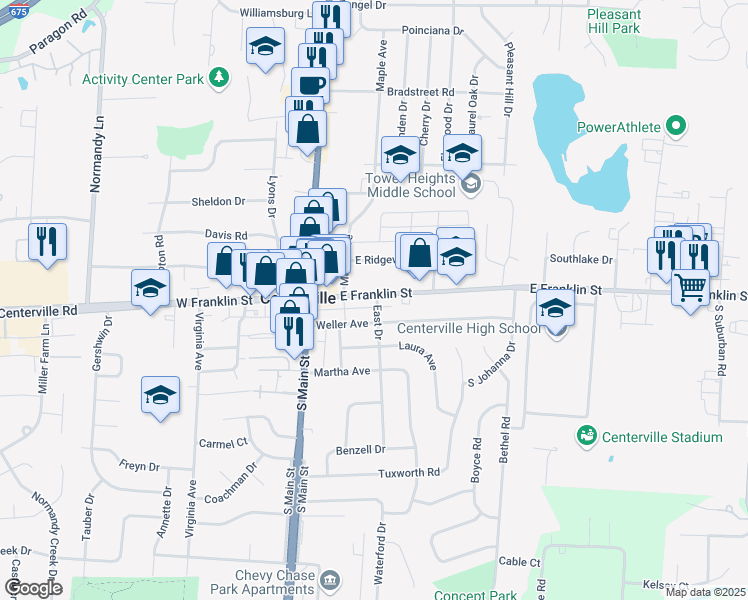 map of restaurants, bars, coffee shops, grocery stores, and more near in Centerville