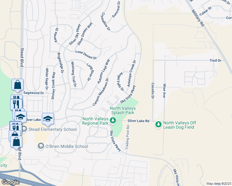 map of restaurants, bars, coffee shops, grocery stores, and more near 5G Sky Vista Parkway in Reno
