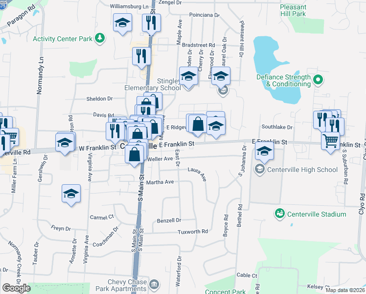map of restaurants, bars, coffee shops, grocery stores, and more near 96 East Franklin Street in Centerville