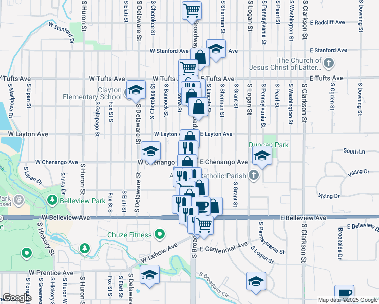 map of restaurants, bars, coffee shops, grocery stores, and more near 4857 South Broadway in Englewood