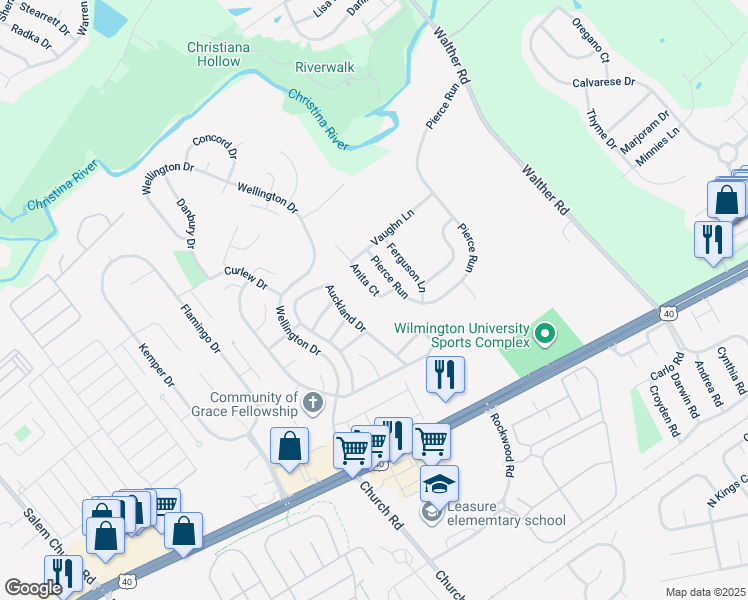 map of restaurants, bars, coffee shops, grocery stores, and more near 211 Anita Court in Newark