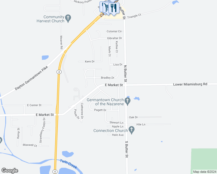 map of restaurants, bars, coffee shops, grocery stores, and more near 1431 East Market Street in Germantown