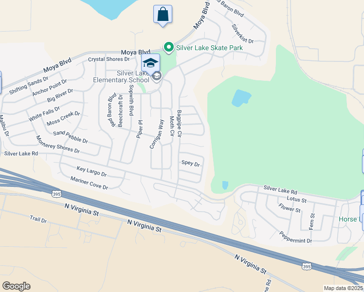 map of restaurants, bars, coffee shops, grocery stores, and more near 7496 Hebrides Court in Reno