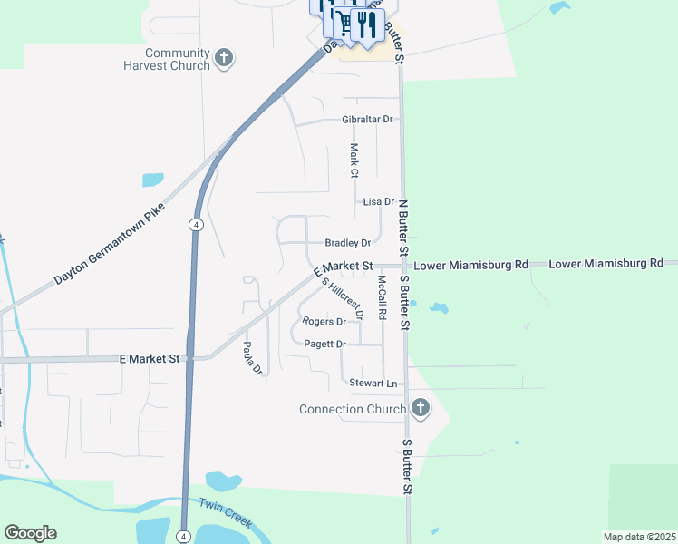 map of restaurants, bars, coffee shops, grocery stores, and more near 1395 East Market Street in Germantown