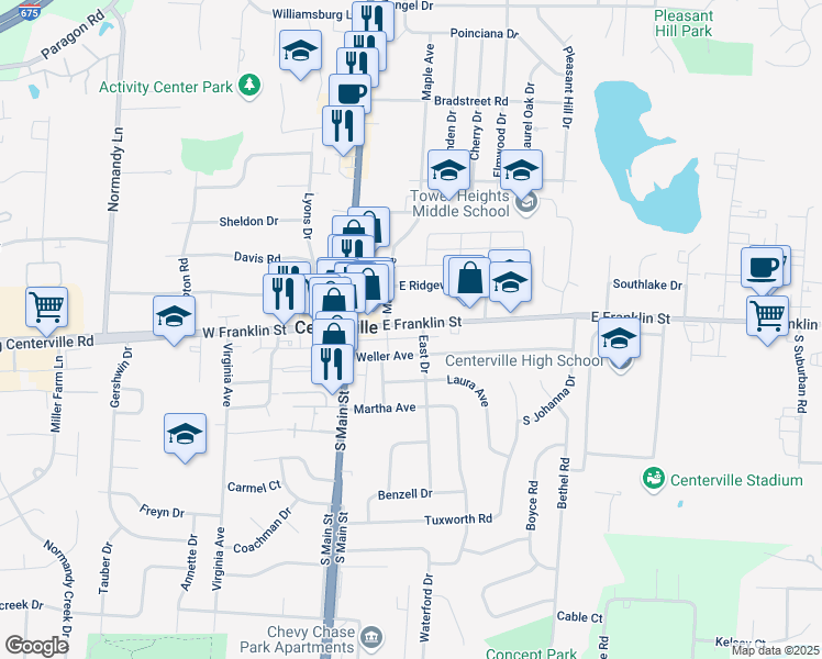 map of restaurants, bars, coffee shops, grocery stores, and more near in Centerville